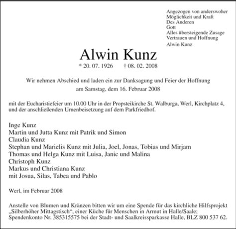 Traueranzeigen Von Alwin Kunz Trauer In Nrw De