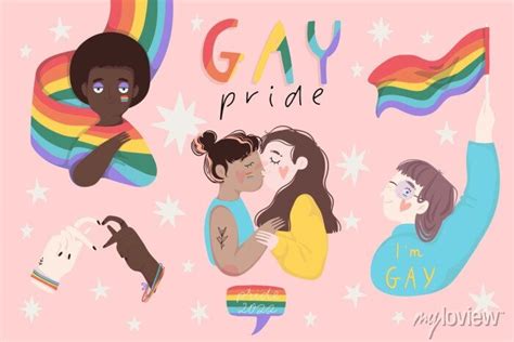 Pride Month Symbols Sticker Set Cute Gay Elements In Rainbow Wall Mural Murals Typography