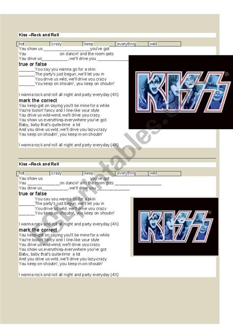 KISS Rock And Roll All Night ESL Worksheet By Alicia0001