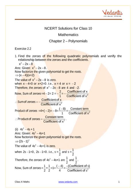 Ncert Solutions For Class 10 Maths Chapter 2 Polynomials Ex 2 2