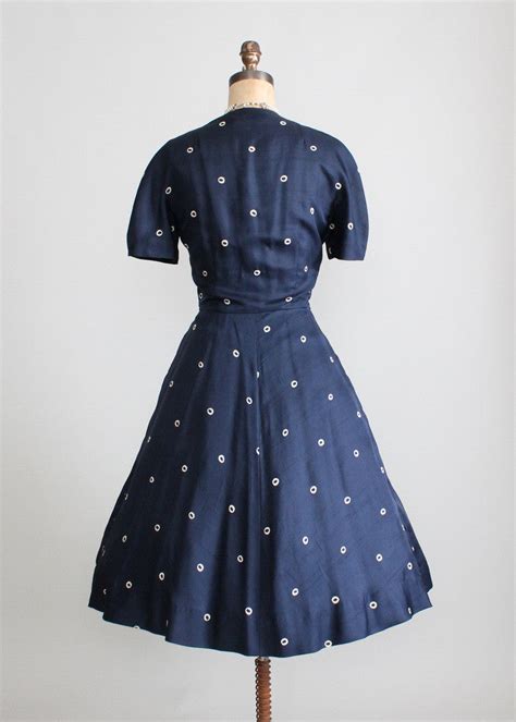 Vintage 1950s Navy Silk Dot Luncheon Dress Raleigh Vintage