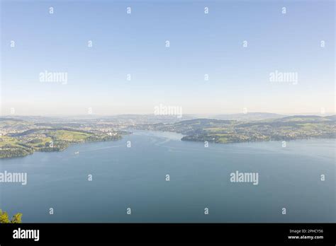 Aerial View Over City Of Lucerne And Lake Lucerne And Mountain In