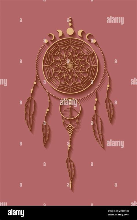 Detailed Dreamcatcher With Mandala Ornament And Moon Phases Gold