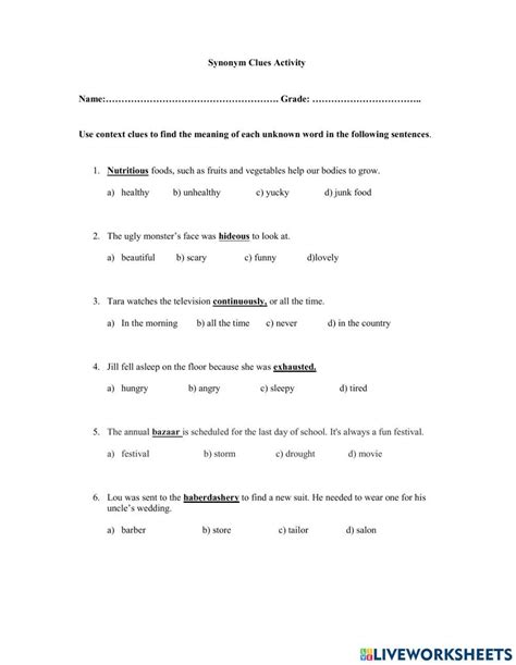 Synonym Clues Worksheet Online Exercise For Live Worksheets