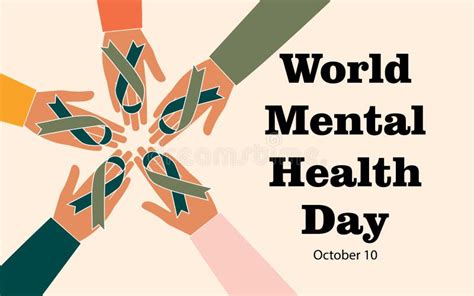 World Mental Health Day 10 October Green Support Ribbon In People`s