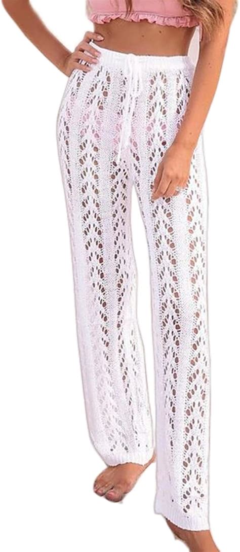 KEEPWO Damen Cover Ups Hosen Sexy Hollow Out Häkelhose Kordelzug Mesh Beach Bikini Badeanzüge