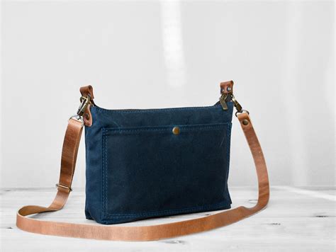 Blue Waxed Canvas And Leather Crossbody Bag Small Shoulder Bag