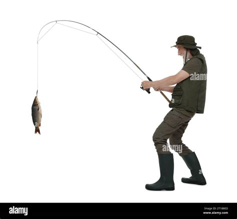 Fisherman Catching Fish With Rod On White Background Stock Photo Alamy