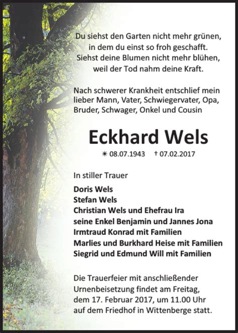 Traueranzeigen Von Eckhard Wels Trauer Nordkurier