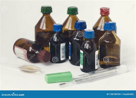 Medicine Bottles On White Background With Copy Space For Text Retro