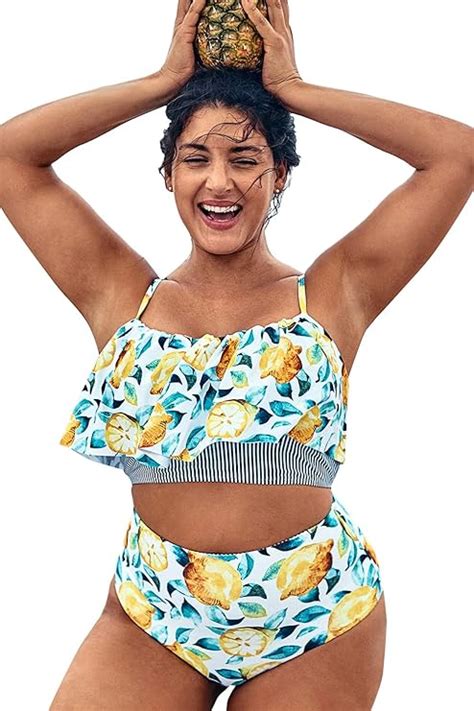 Amazon Cupshe Women S Plus Size Bikini Set Leaf Lemon Printed