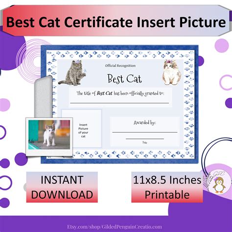 Best Cat Certificate 1 Insert Cat Picture Printable Cat Award Great