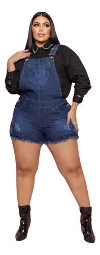 Jardineira Short Jeans Feminino Plus Size Lycra Parcelamento Sem