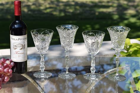 4 Vintage CRYSTAL Etched Wine Glasses Set Of 4 Mis Matched Etched