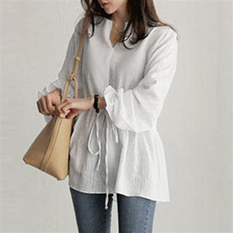 Women Long Sleeve V Neck Elastic Cuff Tie Waist Shirts Printed Blouse Beach Ebay