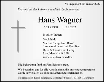 Traueranzeigen von Hans Wagner Schwarzwälder Bote Trauer