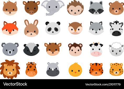 Cute animal heads collection flat style Royalty Free Vector