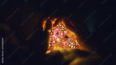 Magic Hot Light From Lanterns Falls On The Woman Eyes The Naked Adult Sexy Caucasian Girl Lies