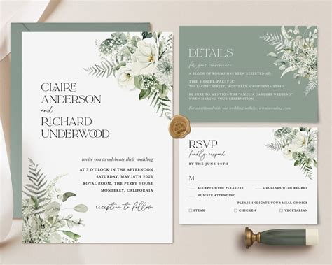 Sage Green Minimal Wedding Invitation Template White Floral Modern