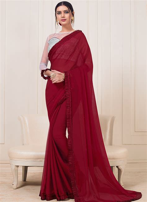 Buy Maroon Plain Border Saree Party Sari Online Shopping Sassfn511