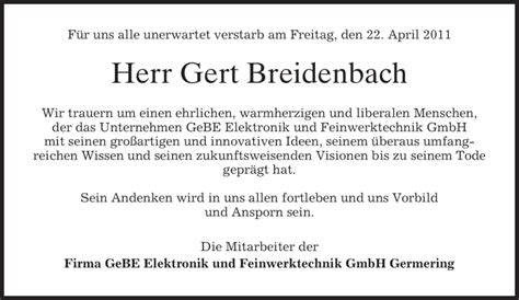 Traueranzeigen Von Gert Breidenbach Trauer Merkur De