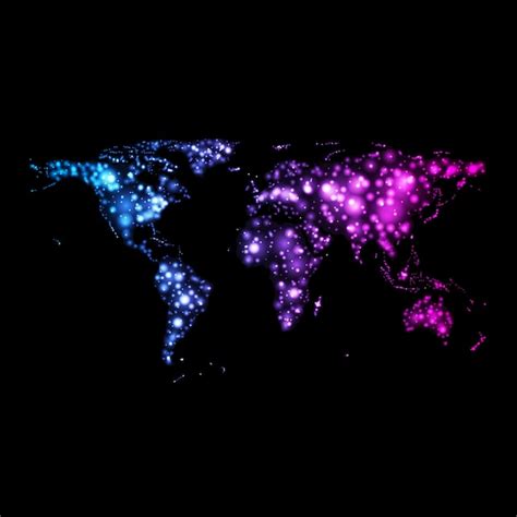 Mapa del mundo abstracto azul y púrpura de neón brillante brillante en