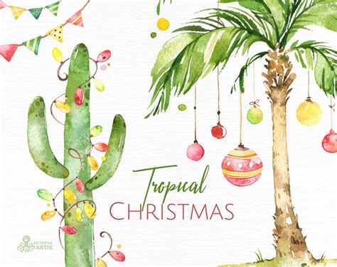 Tropical Christmas. Watercolor Holiday Clipart, Palms, Cactus ...