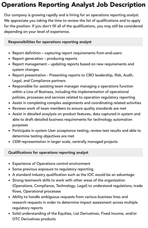 Operations Reporting Analyst Job Description Velvet Jobs