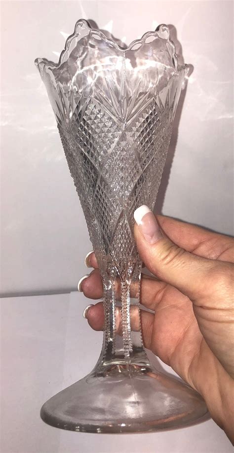 Antique Diamond Cut Glass Vase Clear Glass Diamond Cut Footed Etsy