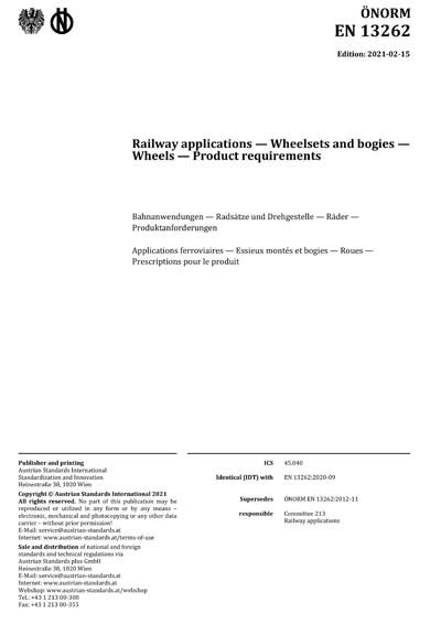 ONORM EN 13262 2021 Railway Applications Wheelsets And Bogies