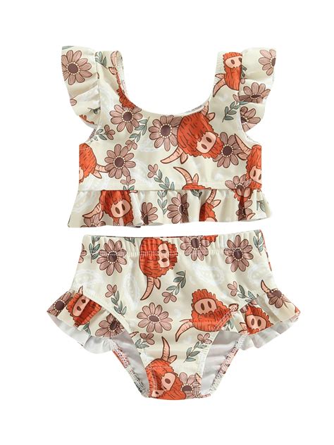 Baby Girls Bikini Set Flower Bull Head Print Fly Sleeve Vest Briefs