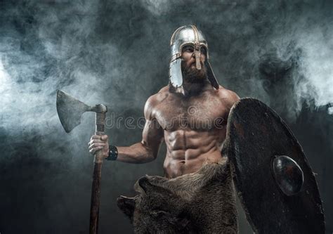 Armoured And Naked Viking Posing With Axe And Shield In Smoke Stock Image Image Of Bodybuilder