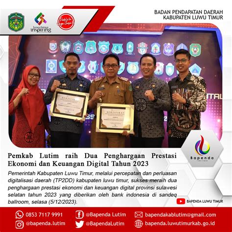 Pemkab Lutim Raih Dua Penghargaan Prestasi Ekonomi Dan Keuangan Digital