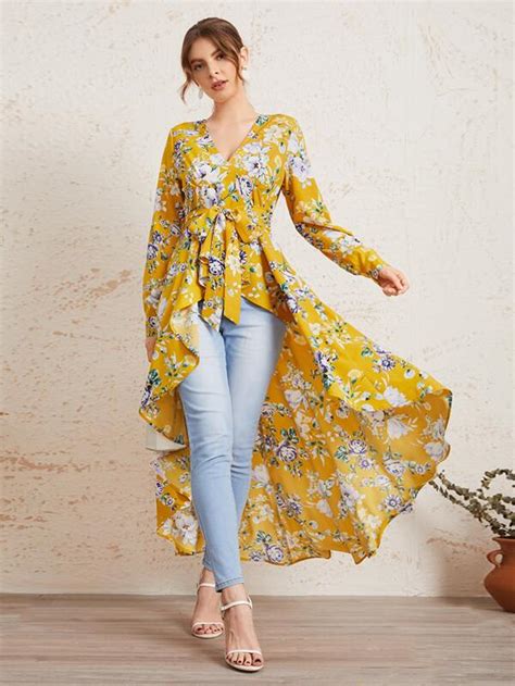 SHEIN Clasi Floral Print Self Belted Dip Hem Top SHEIN USA