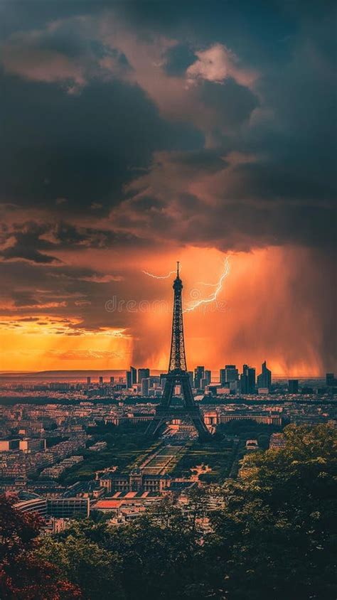 Ai Generative Photography Eiffel Tower Lightning Weather Storm Stock