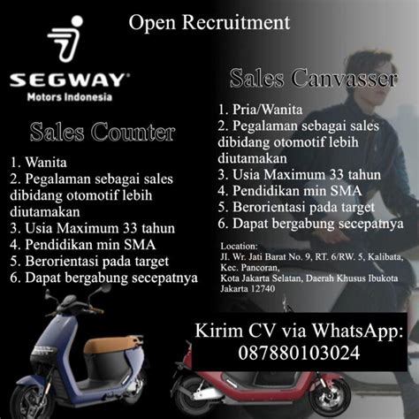 Lowongan Kerja Sales Counter Sales Canvasser Di Segway Motors