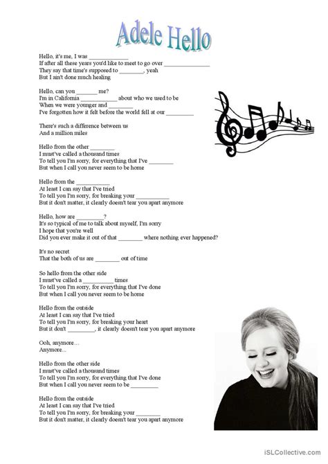 Adele Hello song: English ESL worksheets pdf & doc