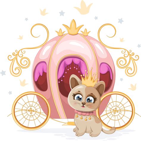 Cute cartoon kitten princess with crown near carriage 19018076 Vector