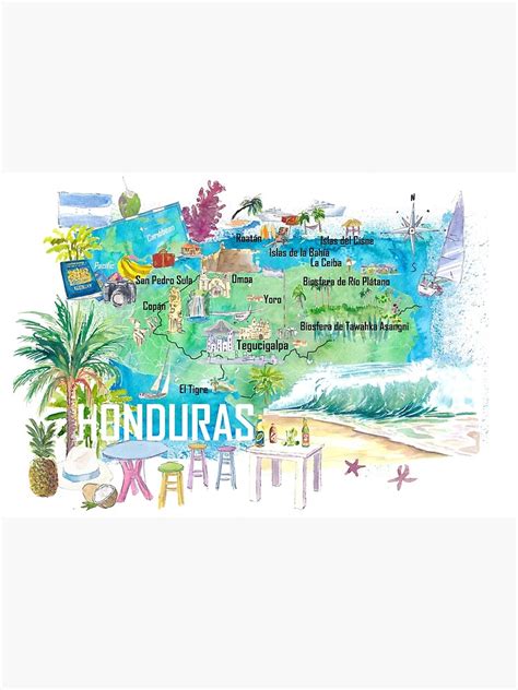 Lámina fotográfica Mapa de viaje ilustrado de Honduras con carreteras