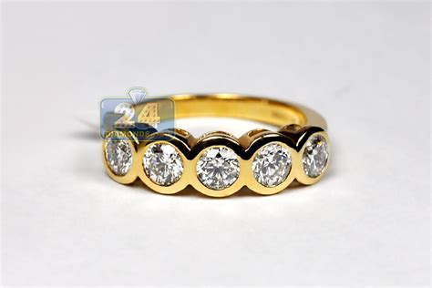 Ladies 5 Diamonds Anniversary Ring 14K Yellow Gold Bezel Set 1.61ct