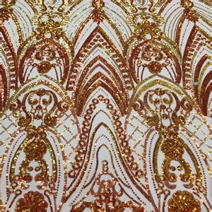 Iridescent Orange Sequin Nude Mesh Damask Design Way Stretch Sequin Fabric Spandex Mesh Prom