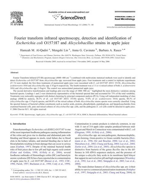 Pdf Fourier Transform Infrared Spectroscopy Detection And Identification Of Escherichia Coli