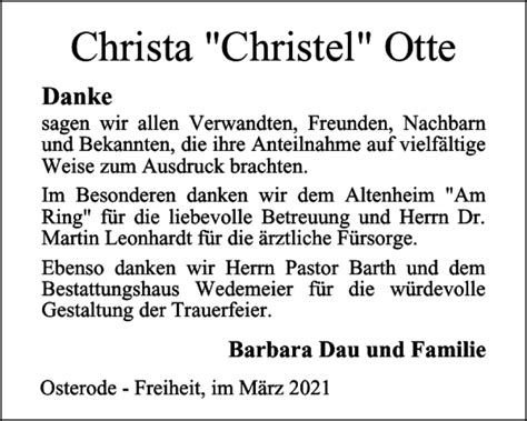 Traueranzeigen Von Christa Christel Otte Harztrauer De