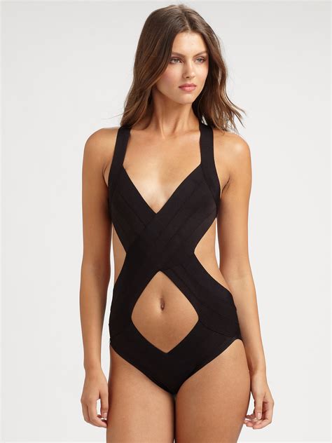 Lyst Hervé Léger Onepiece Cutout Swimsuit in Yellow