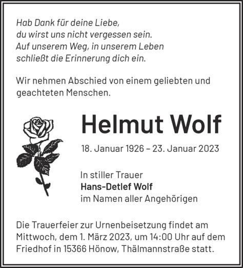 Traueranzeigen von Helmut Wolf Märkische Onlinezeitung Trauerportal