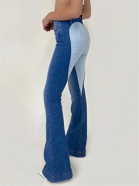 Emmiol Free Shipping Heart Patched High Waisted Flare Jeans Blue M