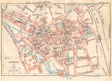 Evreux Vintage Town City Map Plan Eure Old Vintage Chart