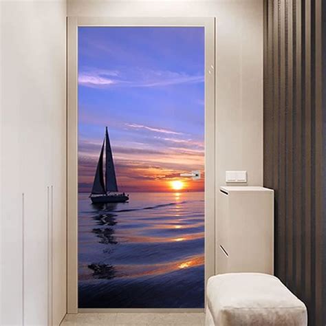 D Porte Autocollants Auto Adh Sif Paysage De Voile Oc An Coucher De