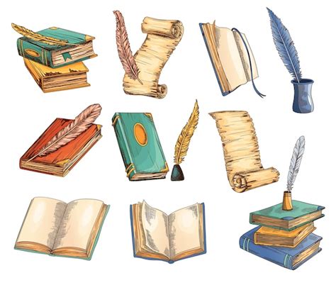 Premium Vector Collection Of Old Books And Antique Quills Education