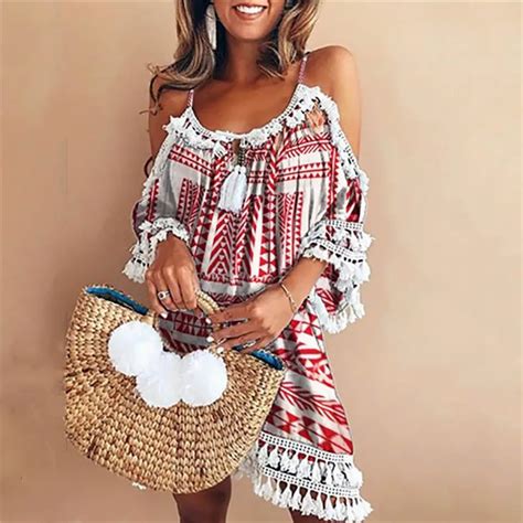 Summer Dress Women Off Shoulder Dress Tassel Short Cocktail Party Beach